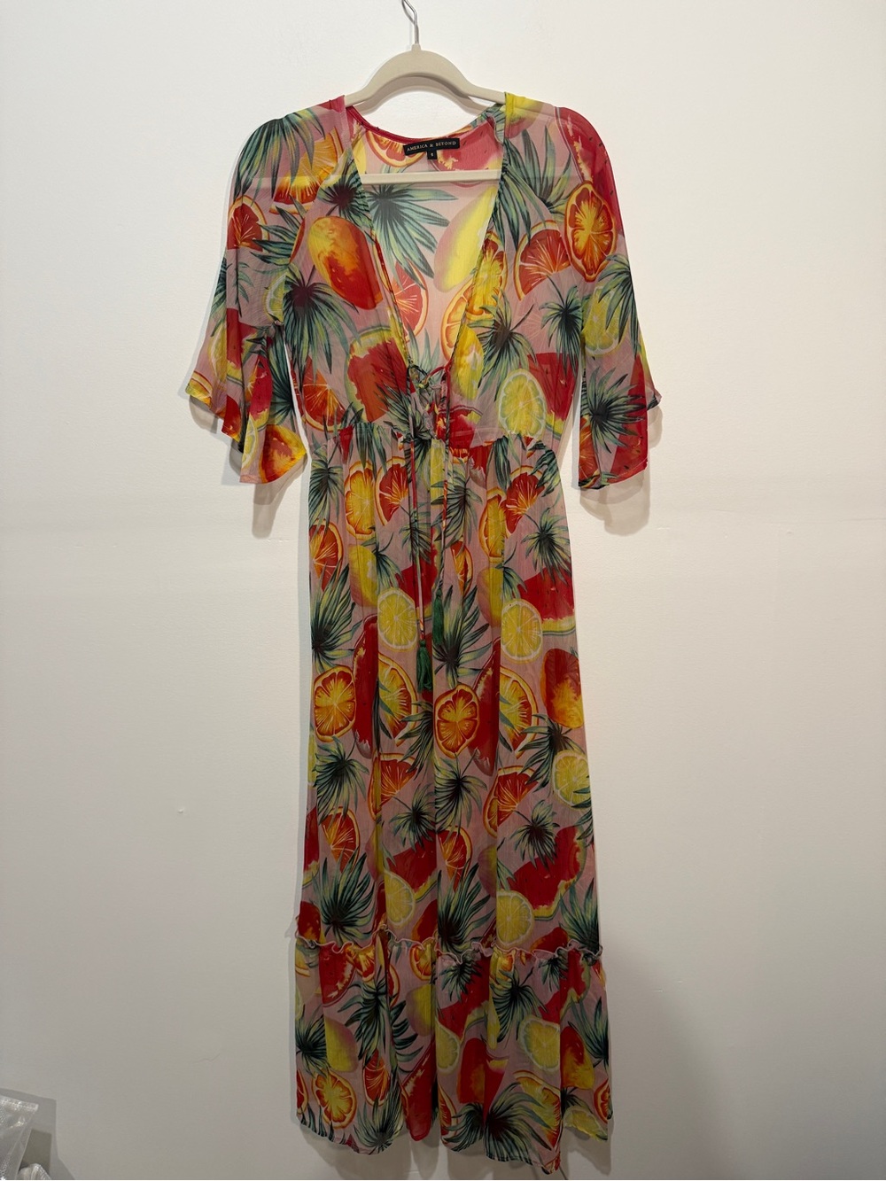 America & Beyond Tropical Fruit Print Sheer Maxi Dress / Swim Cover